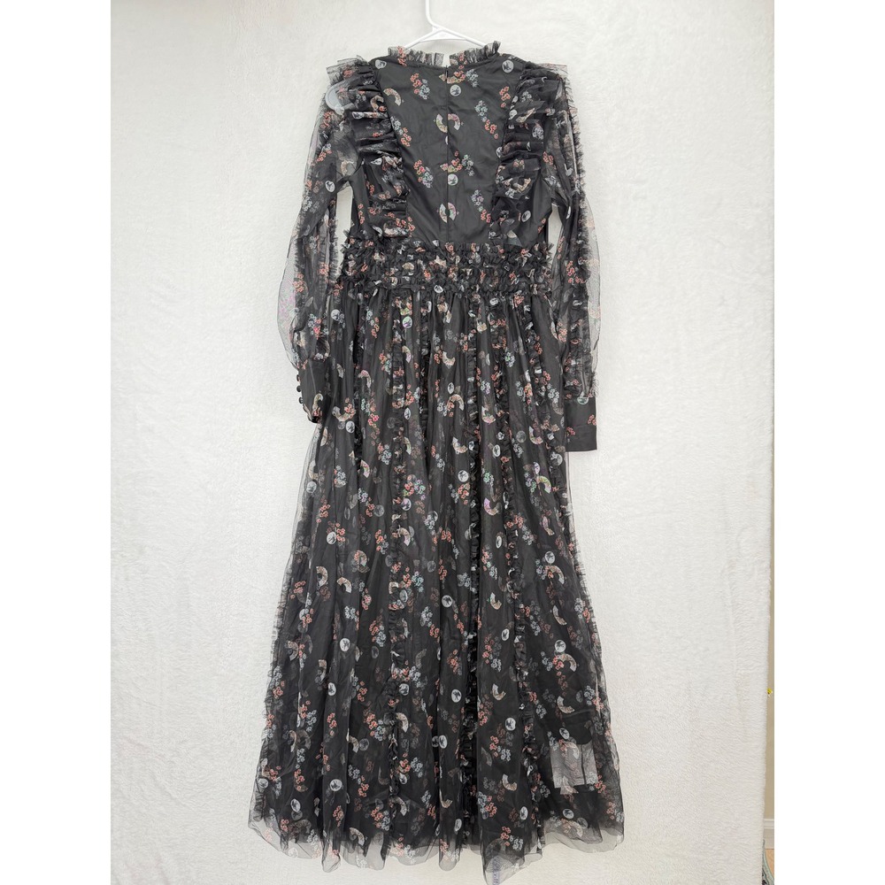 Catchall Floral Tulle Maxi Dress Women L NEW Ruffle Sheer Long Sleeve Black - Picture 5 of 13